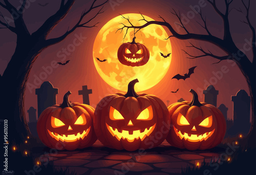 Halloween Night: Three Jack-o'-Lanterns in a Graveyard
