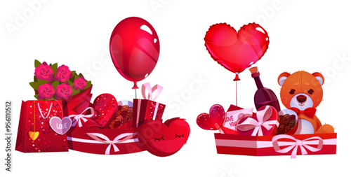 Valentine day chocolate box with ribbon and heart. Pink and red sweet gift for romantic 14 february party. Pretty bow on cookie and dessert present icon to shopping. Luxury wedding holiday greeting