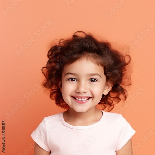 Coral background Happy european white child realistic person portrait of young beautiful Smiling child Isolated on Background Banner with copyspace 