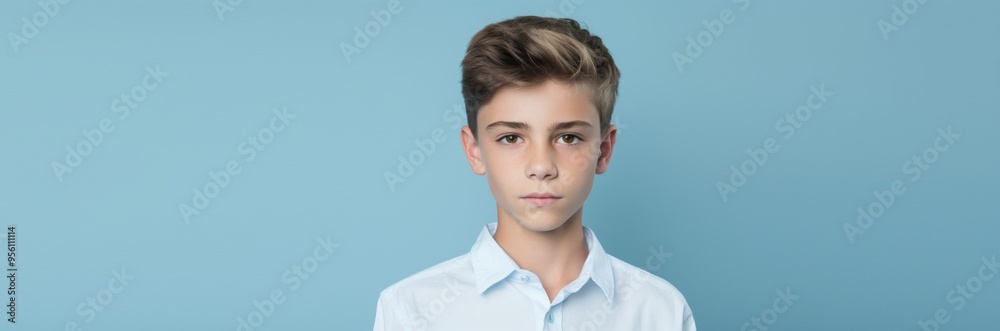 A young boy with brown hair and brown eyes is wearing a blue shirt A young boy with brown hair and brown eyes is wearing a blue shirt