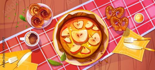 Apple pie on kitchen table top view cartoon vector. Thanksgiving sweet tart dessert above. Autumn feast dinner in restaurant. Holiday pastry on traditional wooden worktop for catering graphic design