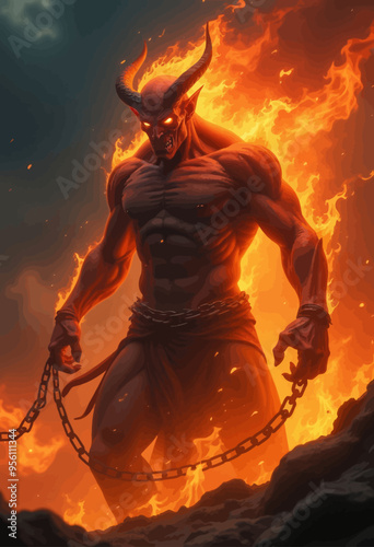 Fiery Demon with Chain, Illuminated by Flames