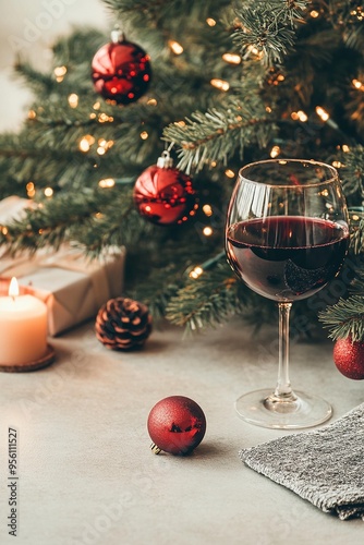 A festive holiday scene featuring a glass of red wine by a Christmas tree adorned with ornaments and soft candlelight. photo