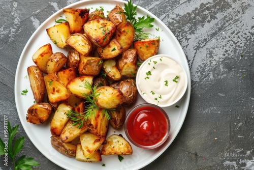 Air Fryer Roast Potatoes on white plate with ketchup and mayo dip.Top view