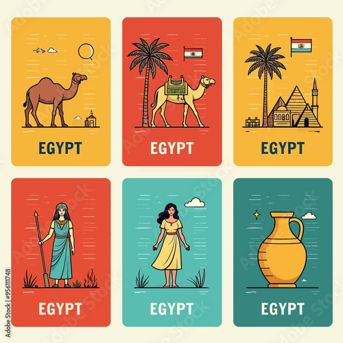 Egyptian-themed illustrations set of six cards, each depicting a different scene from ancient Egyptian life, culture, and history, with a focus on the Nile, camels, and ancient pottery.