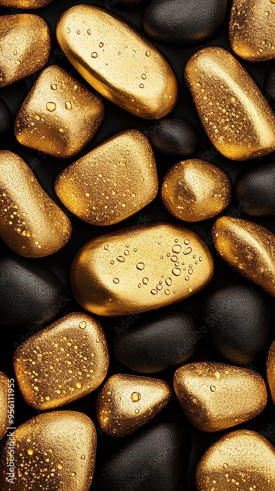 Obraz premium A stunning arrangement of golden pebbles resting on a dark surface, showcasing a luxurious and serene aesthetic.