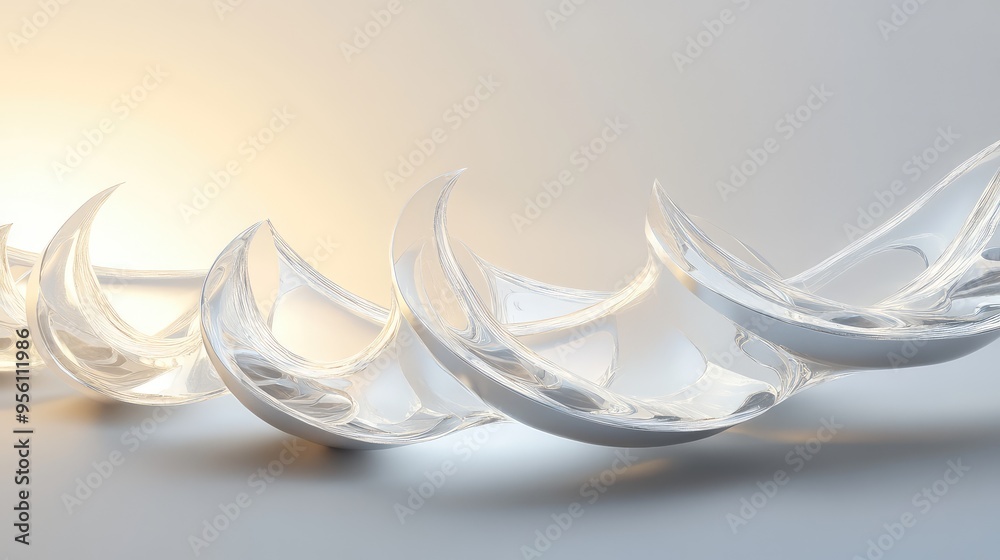 A 3D render of glowing glass crescents, arranged in a cascading wave formation, with soft ambient light A 3D render of glowing glass crescents, arranged in a cascading wave formation, with soft ambient light