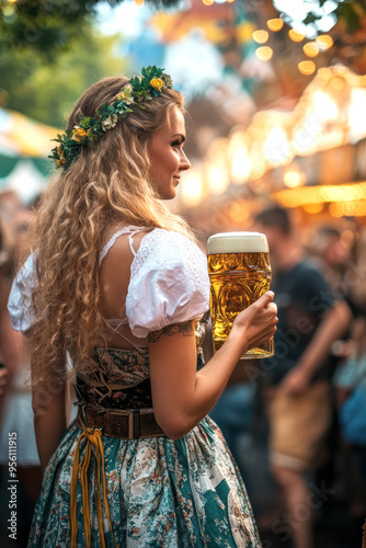 Woman in traditional Bavarian dress holding a beer mug at the Oktoberfest. AI generative. photo