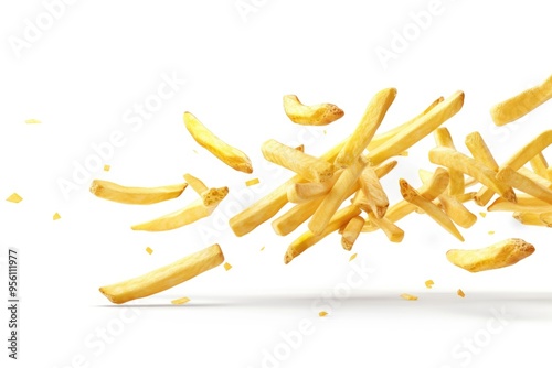 Flying french potato fries isolated on white background