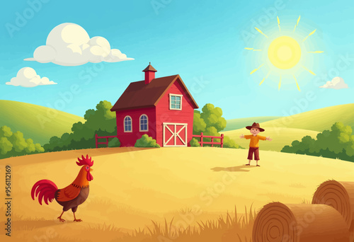 Country Life: A Boy and a Rooster Standing in a Field with a Barn in the Background