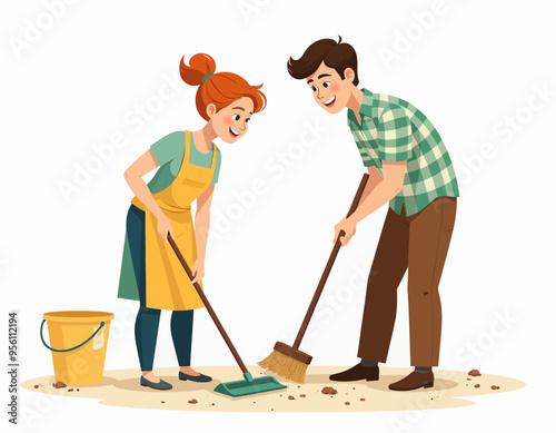 Couple Working Together to Clean Up