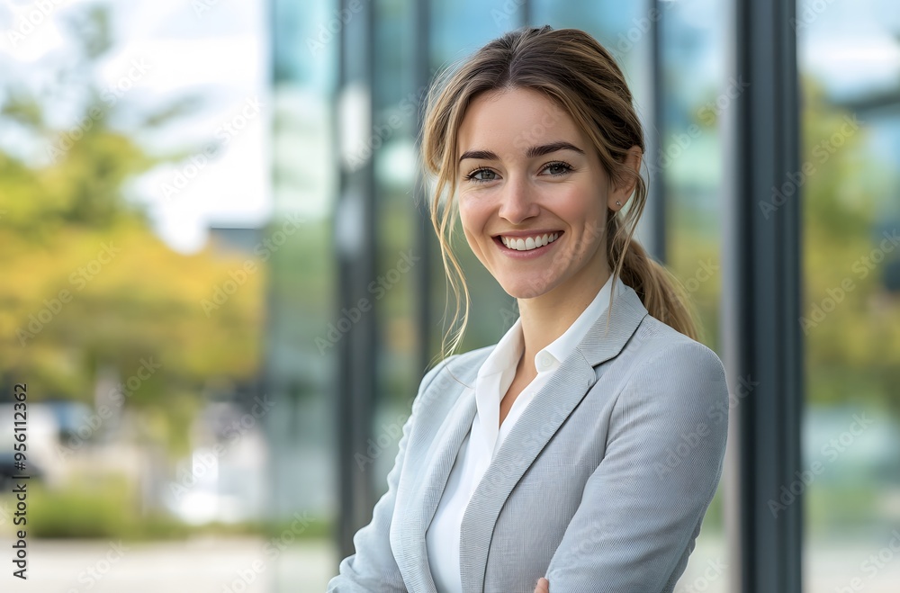 portrait of smiling business woman standing in front of modern office building portrait of smiling business woman standing in front of modern office building