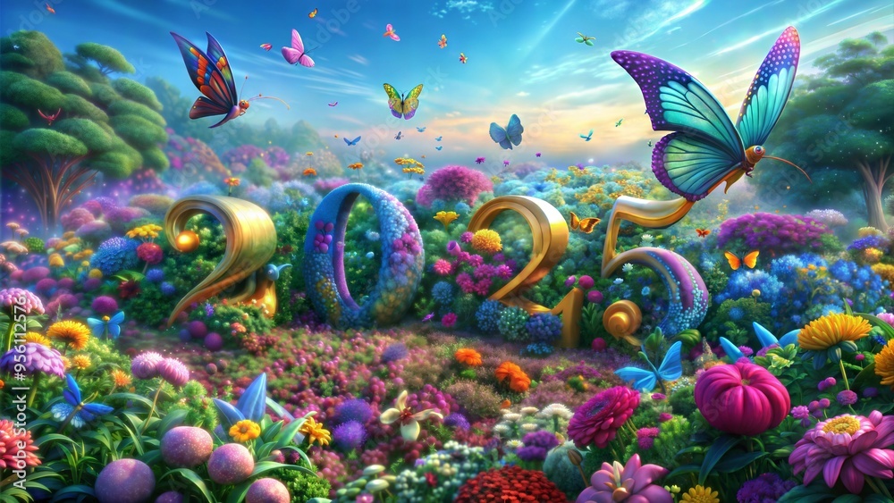 Fantasy Garden with Butterflies and 2025 in Blooming Flowers Fantasy Garden with Butterflies and 2025 in Blooming Flowers