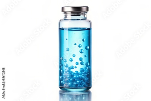 A delicate transparent glass vial sits alone on a pristine white backdrop, its contents a mesmerizing array of