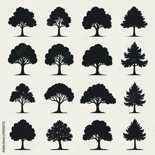 Collection of 12 Black and White Tree Silhouettes