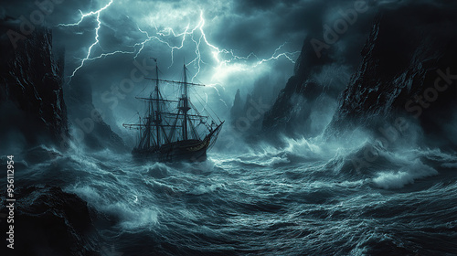 Fototapeta Naklejka Na Ścianę i Meble -  A ship in the middle of a stormy sea under a storm and lightning