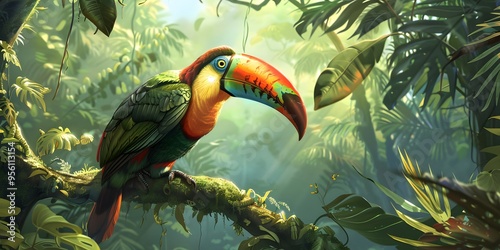 A colorful toucan perched on a branch, its large, curved beak displaying vibrant hues of orange, green, and blue. The bird is set against the backdrop of a dense Amazon rainforest, with dappled sunlig photo