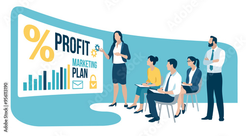 Education, learning. Profit, business illustration. The business team listens to the female teacher, leader.

