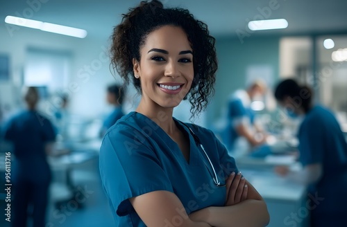 Portrait of young woman nurse at hospital corridor