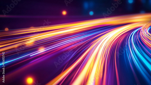 Colorful abstract illustration of dynamic light trails flowing in a modern digital landscape