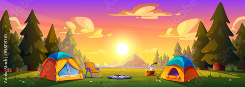 Sunset camp tent in forest with mountain landscape. Outdoor camping adventure with picnic and hiking activity lifestyle. Nature discover journey illustration. Adorable trail vacation background
