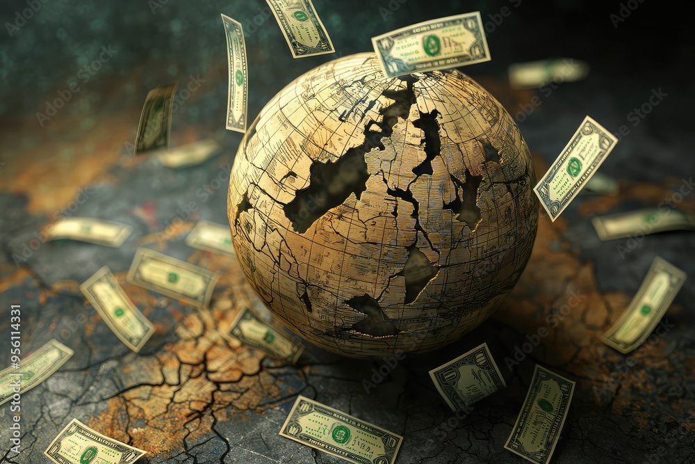 A Crumbling World: Dollar Bills Rain Down on a Cracked Globe, Symbolic of Global Economic Instability. A Crumbling World: Dollar Bills Rain Down on a Cracked Globe, Symbolic of Global Economic Instability.