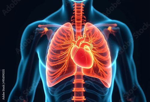3D Anatomical Illustration of Human Heart and Lungs