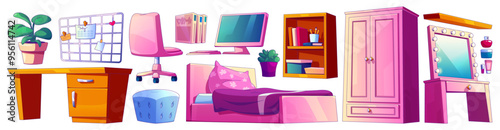 Cute pink teenage girl bed room cartoon furniture. Teen student desk, mirror, wardrobe, shelf and table isolated indoor interior vector icon illustration. Modern apartment style for young woman.