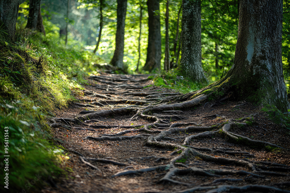 Obraz premium A winding path through the forest, its surface a tapestry of gnarled tree roots, dappled sunlight filtering through the canopy above.