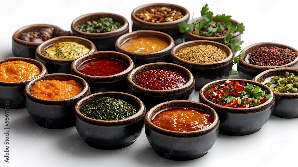 A Vibrant Display of Flavorful Asian Spice Pastes in Rustic Ceramic Bowls