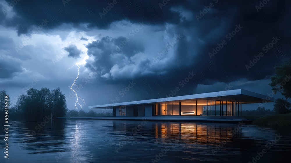 Ultra-minimalist house on a river, surrounded by a massive, swirling storm cloud, a single lightning strike illuminating the scene Ultra-minimalist house on a river, surrounded by a massive, swirling storm cloud, a single lightning strike illuminating the scene