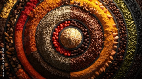 Fototapeta Naklejka Na Ścianę i Meble -  Aerial View of Vibrant Spice Arrangement in Concentric Circles on Dark Background