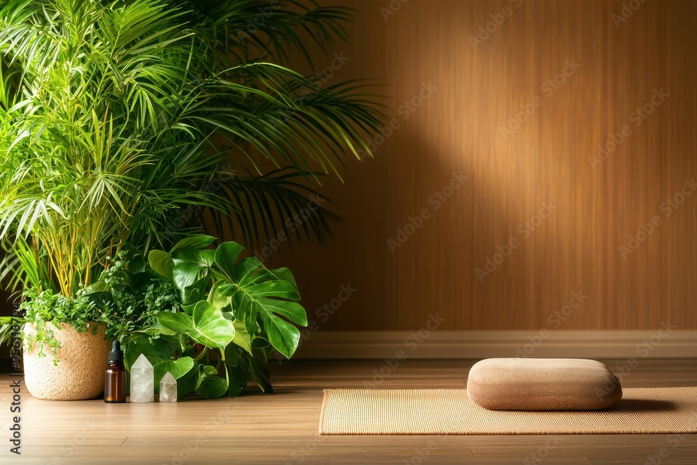 Serene indoor space featuring lush plants and a yoga mat, perfect for relaxation and meditation. Serene indoor space featuring lush plants and a yoga mat, perfect for relaxation and meditation.
