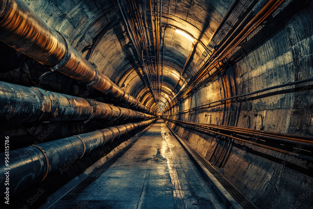 Obraz premium A Glimpse into the Depths: An Eerie Underground Tunnel Lined with Pipes and Bathed in a Dim, Golden Light.