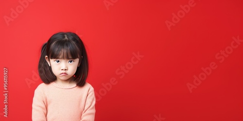 Coral background sad Asian child Portrait of young beautiful in a bad mood child Isolated on Background, depression anxiety fear burn out health 