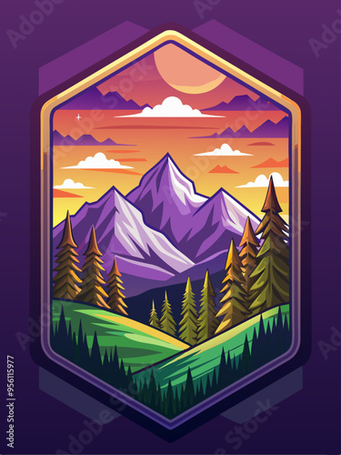 Mountain Landscape with Sunset and Forest
