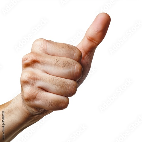 Close-Up of Hand Giving Thumbs Up Gesture on White Background 