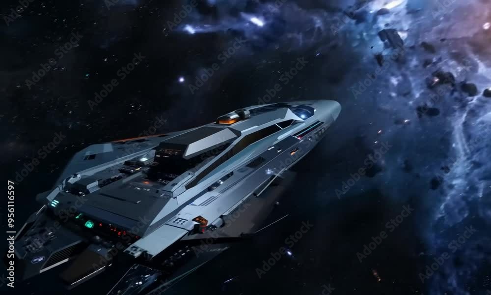 A huge spaceship as it waits in space to take action. Generative AI A huge spaceship as it waits in space to take action. Generative AI