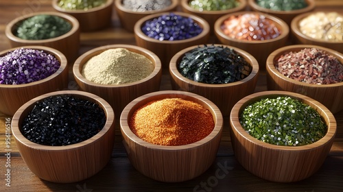 Artfully Arranged Japanese Spices in Wooden Bowls