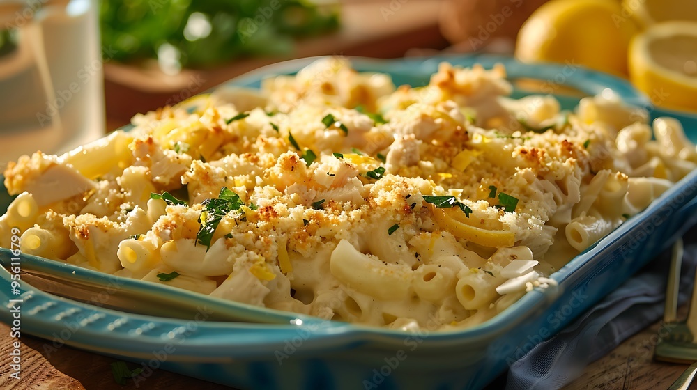 Lemon topped chicken macaroni on an aqua platter Lemon topped chicken macaroni on an aqua platter