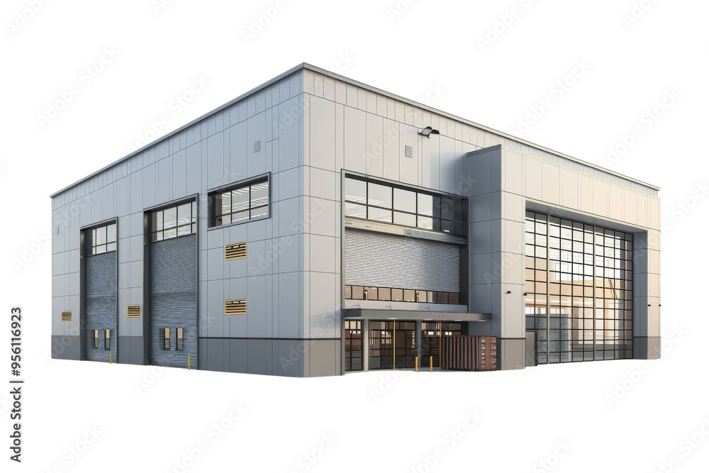 Modern industrial building with large windows and a spacious facade, ideal for warehouses, garages, or manufacturing facilities. Modern industrial building with large windows and a spacious facade, ideal for warehouses, garages, or manufacturing facilities.