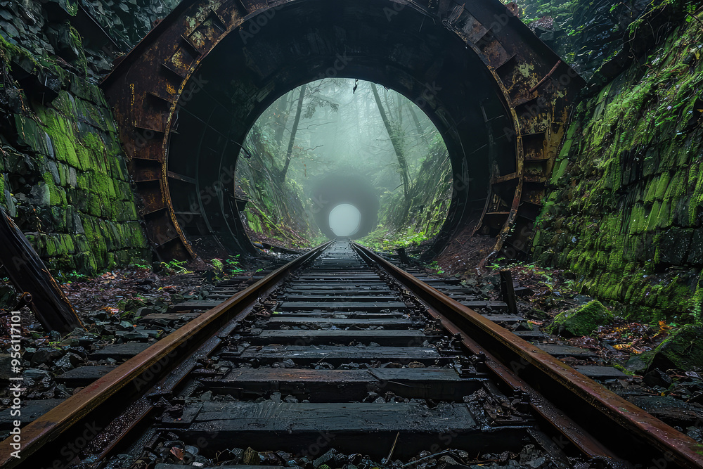 Obraz premium Forgotten Rails: A Tunnel Beckons Through a Mystical Forest