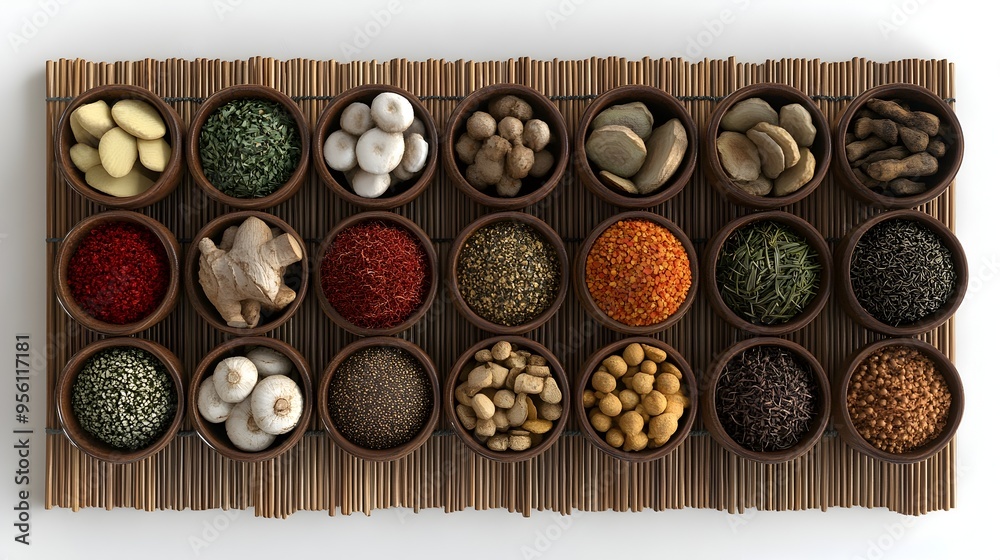 Assorted Asian Spices Neatly Arranged on Bamboo Mat for Culinary Purposes Assorted Asian Spices Neatly Arranged on Bamboo Mat for Culinary Purposes