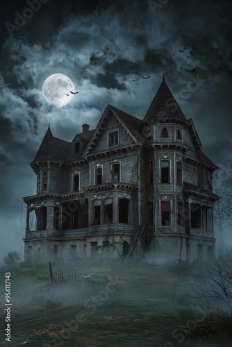 Eerie old mansion under a full moon with a dark, foggy atmosphere.