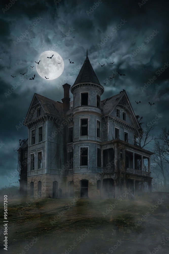 Eerie haunted house with bats under a full moon in a spooky, foggy night. Eerie haunted house with bats under a full moon in a spooky, foggy night.