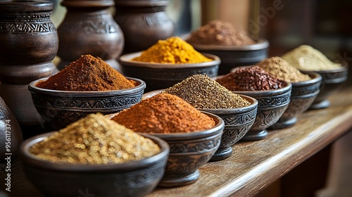 Assorted Ethiopian Spices for Kitfo Dish Displayed in Small Bowls photo