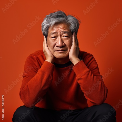 Coral background sad Asian man. Portrait of older mid-aged person beautiful bad mood expression boy Isolated on Background depression anxiety fear 