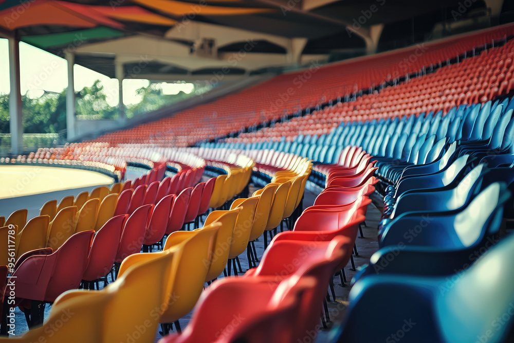 Fototapeta premium Awaiting the Roar: Colorful Stadium Seats Beckon the Crowd