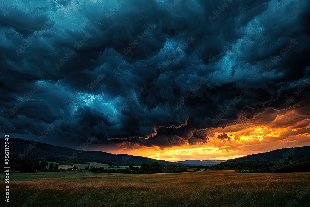 A Majestic Stormy Sunset Over Rolling Hills A Majestic Stormy Sunset Over Rolling Hills