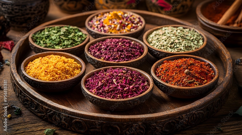 Assorted Moroccan Spices for Aromatic Couscous on Rustic Tray Assorted Moroccan Spices for Aromatic Couscous on Rustic Tray